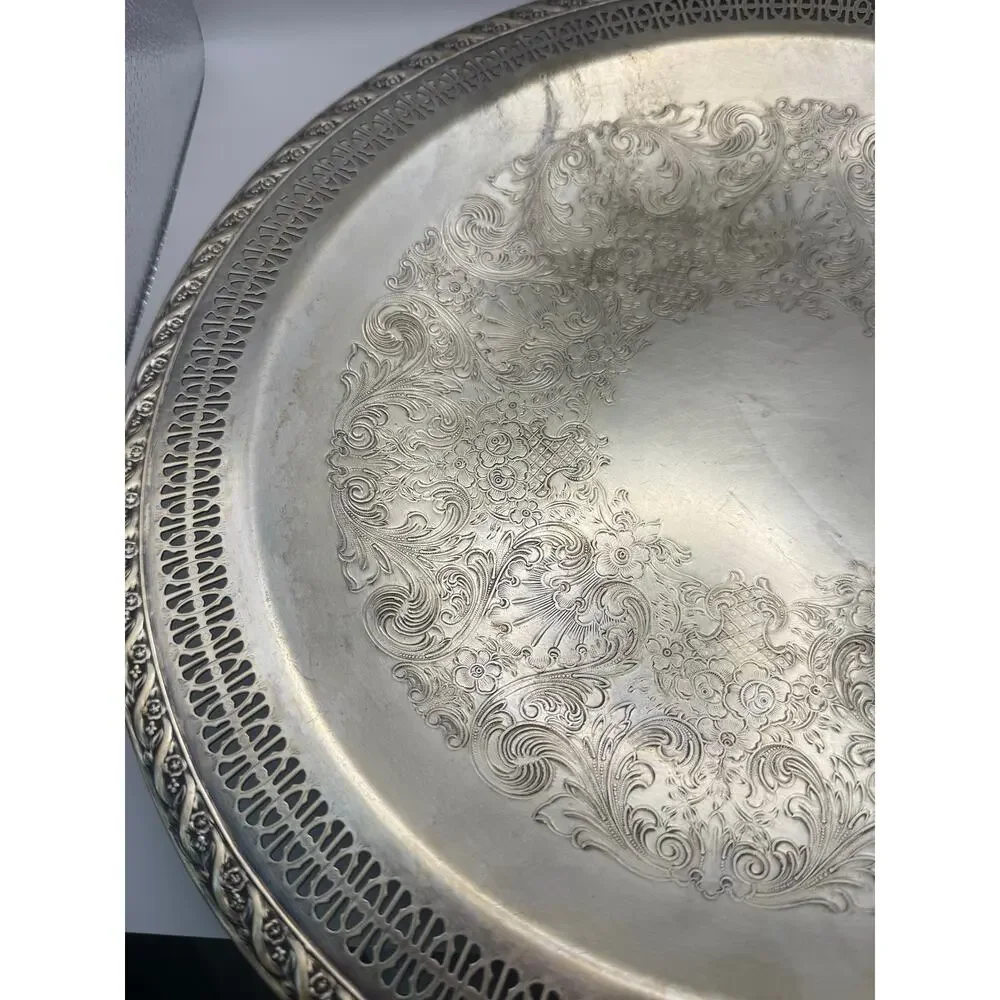 Vintage Wm Rogers & Son Silverplate Round Tray Spring Flower Pierced Rim